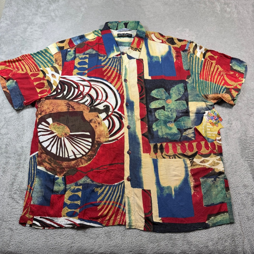 Jams World Button Up Shirt Mens 2XL Multicolor Abstract Merlot Rayon Hawaii